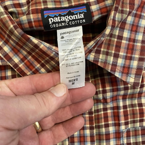 Patagonia Shirt Mens Medium Red Brown Plaid Long Sleeve Button Up Organic Cotton - Picture 4 of 9